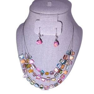 Three Strand Tiered Multicolored Shell Chip Beaded Necklace and Earring Set
